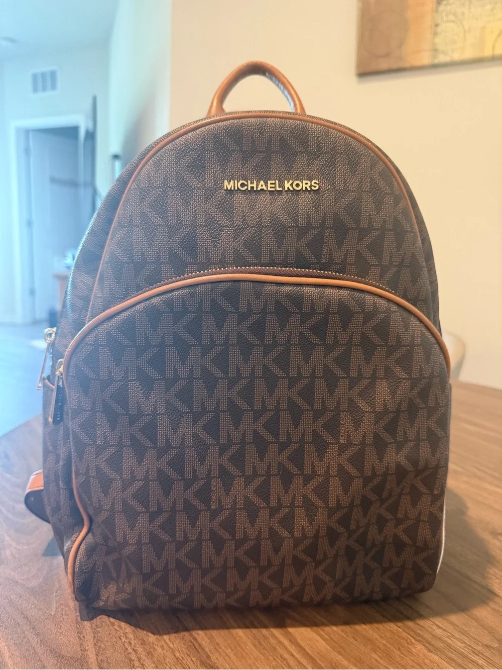 Michael Kors Brown MK Monogram Backpack with Tan Trim